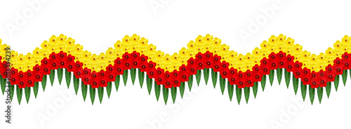 Colorful floral arrangement in a wavy pattern featuring red, yellow, and green elements for festive decoration and Kannada Rajyotsava