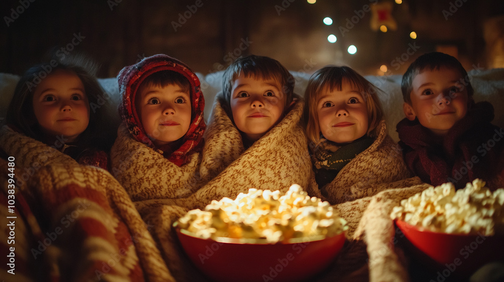 Four children are sitting on a couch wrapped in blankets and watching a movie. They are all focused on the screen and have popcorn in front of them.
Four children are sitting on a couch wrapped in blankets and watching a movie. They are all focused on the screen and have popcorn in front of them.