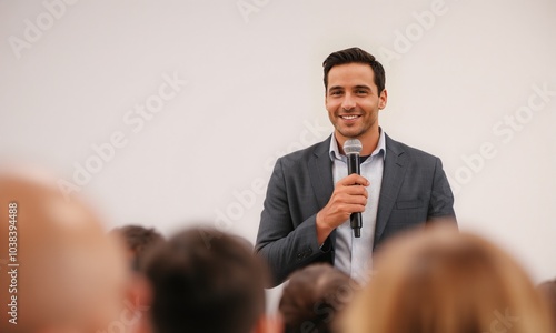 a confident speaker presenting at a conference standing against a clean white background