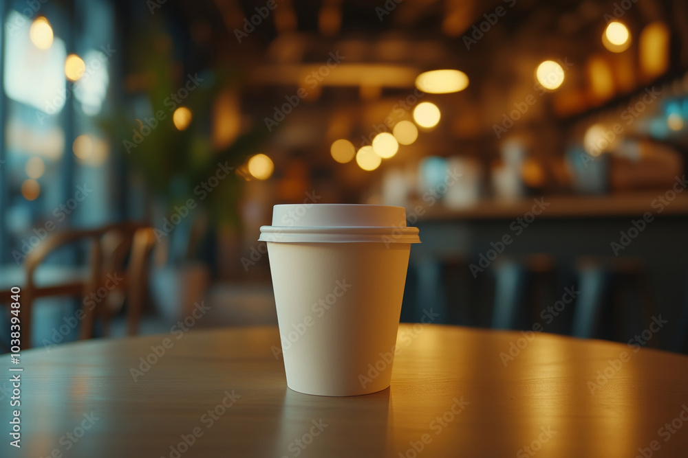 Empty white blank paper coffee cup with free copy space for text, logo or presentation in a modern cafe interior Empty white blank paper coffee cup with free copy space for text, logo or presentation in a modern cafe interior