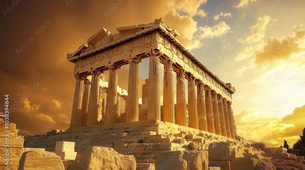 Obraz premium acropolis of athens viewed at sunset, bathed in golden hues, highlighting its ancient architecture against a backdrop of a vibrant sky, evoking a sense of history and grandeur