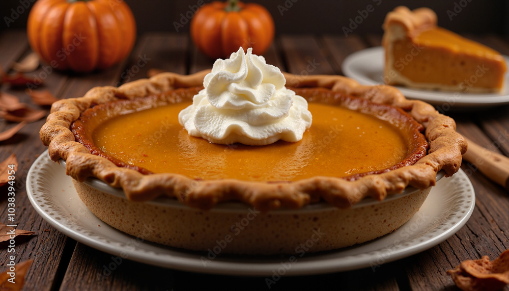 Pumpkin pie with whipped cream, classic holiday dessert Pumpkin pie with whipped cream, classic holiday dessert