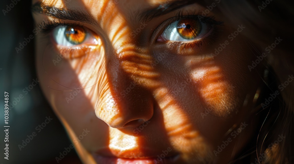 Close-up of a face partially lit by a single light source, emphasizing sharp contrasts and deep shadows Close-up of a face partially lit by a single light source, emphasizing sharp contrasts and deep shadows