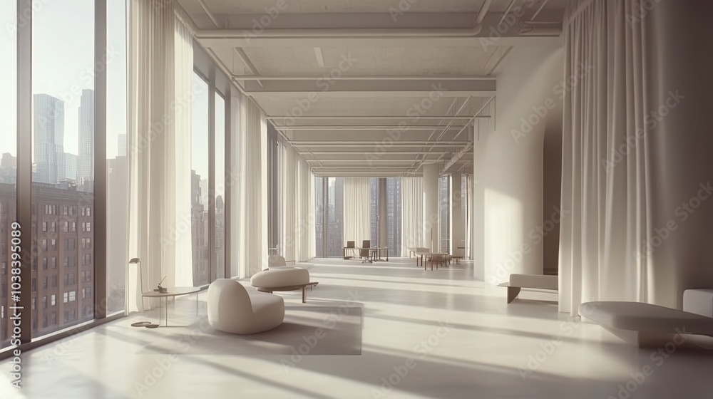 Fototapeta premium Bright and Spacious Modern Interior with Large Windows