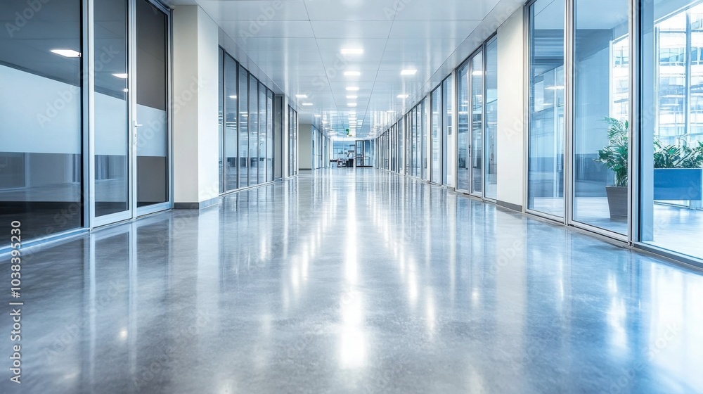 Modern Office Corridor with Glass Walls and Polished Floor Modern Office Corridor with Glass Walls and Polished Floor