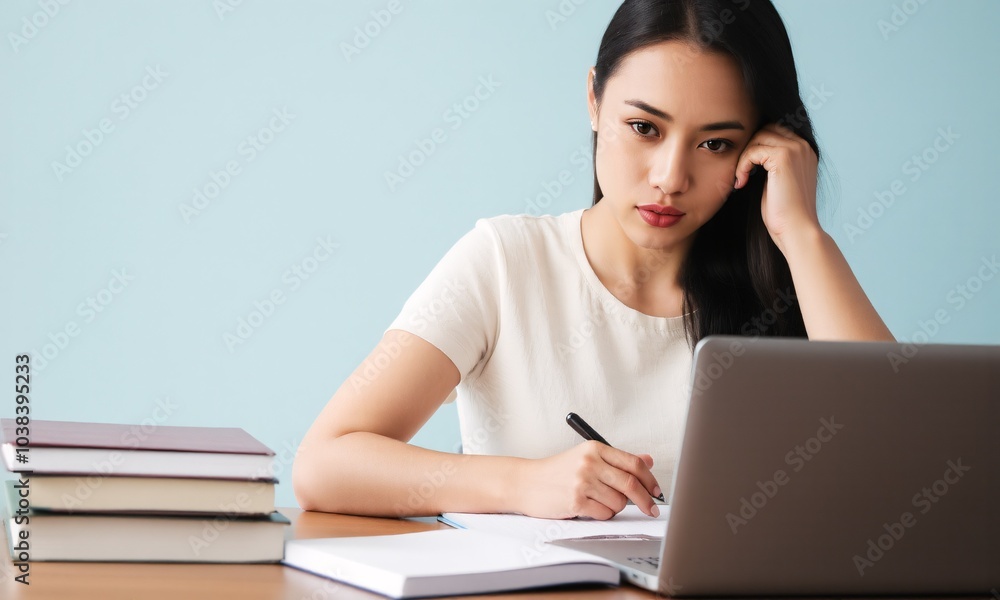 A young Asian woman deeply focused on studying sitting at a desk with books and a laptop set against a soft blue background A young Asian woman deeply focused on studying sitting at a desk with books and a laptop set against a soft blue background