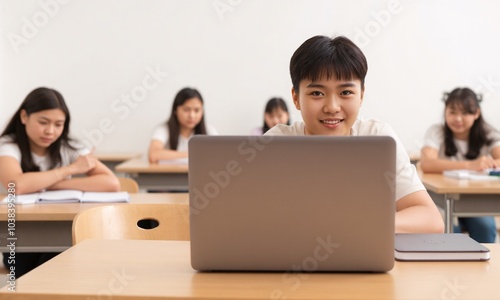 An Asian student-focused classroom with a laptop open on the desk captured against a bright white background