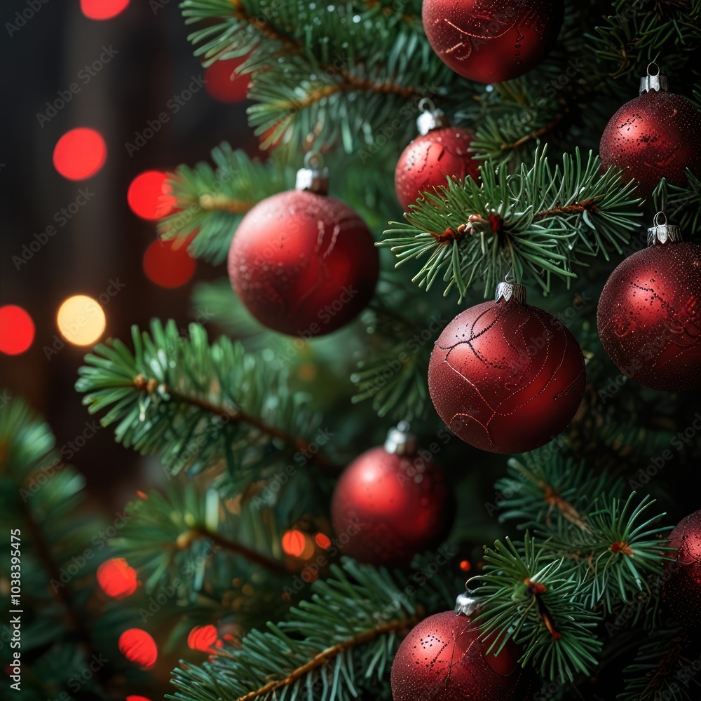 Fototapeta premium Close-up of a Christmas tree with red ornaments and blurred lights in the background.