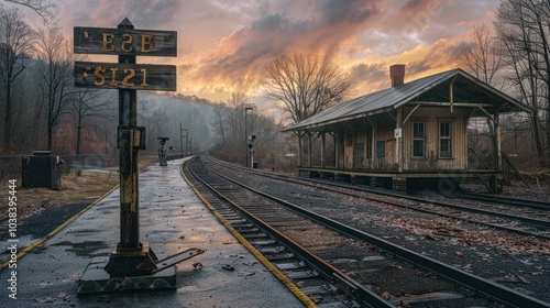 A vintage train station with old-fashioned signage photo