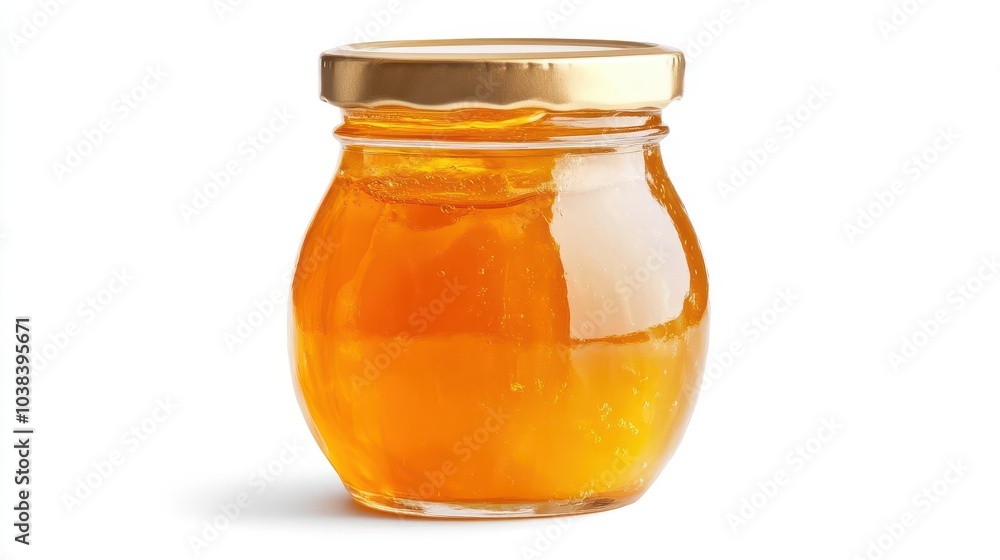 artisan glass jar filled with vibrant orange marmalade, topped with a shiny gold lid, beautifully captured against a pristine white background, celebrating culinary craftsmanship artisan glass jar filled with vibrant orange marmalade, topped with a shiny gold lid, beautifully captured against a pristine white background, celebrating culinary craftsmanship