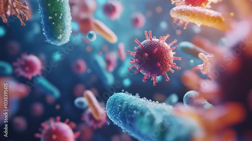 3D illustration of colorful viruses and bacteria floating in a blue background.