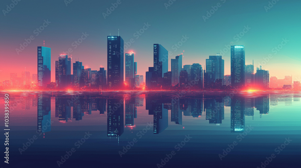 Fototapeta premium Silhouette of a futuristic city on the water, with a skyline reflecting in the calm water below. v3