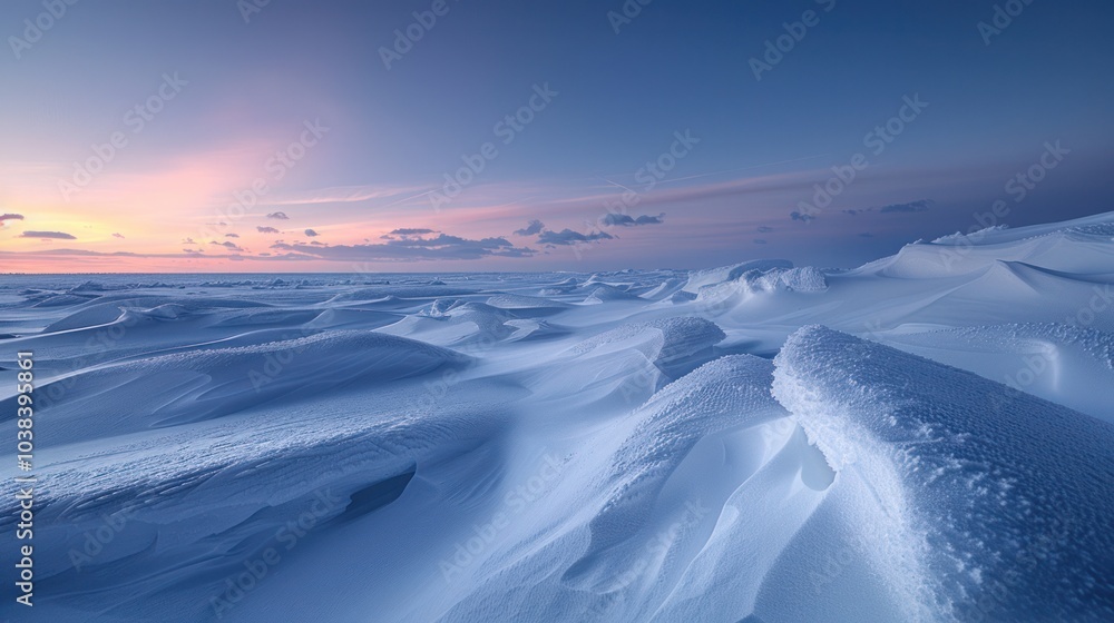 A snowy landscape at twilight, with strong contrasts between the white snow and the darkening sky A snowy landscape at twilight, with strong contrasts between the white snow and the darkening sky