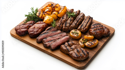 A wooden board with a variety of meats and vegetables on it