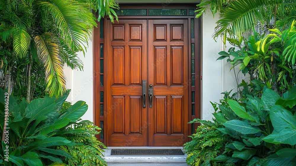 automatic brown wooden entry door, showcasing craftsmanship and elegance, framed by lush greenery that enhances the inviting atmosphere of the home automatic brown wooden entry door, showcasing craftsmanship and elegance, framed by lush greenery that enhances the inviting atmosphere of the home