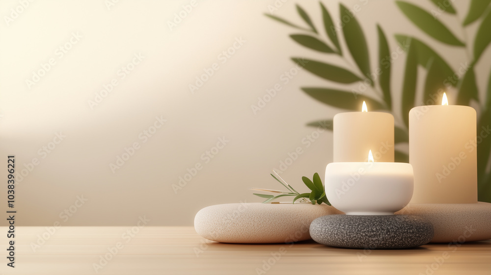 A table with three candles and some rocks