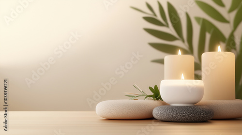 A table with three candles and some rocks