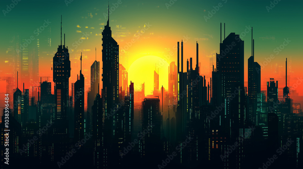 A silhouette of a futuristic city at dawn, with the soft glow of sunrise illuminating the tops of massive buildings, contrasted by vibrant neon lights below. v2 A silhouette of a futuristic city at dawn, with the soft glow of sunrise illuminating the tops of massive buildings, contrasted by vibrant neon lights below. v2