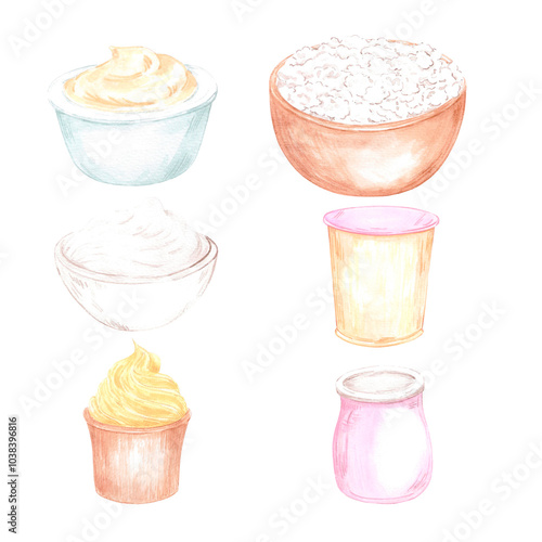 Wallpaper Mural Hand drawn watercolor dairy products portions isolated on white background. Can be used for postcard, label, scrapbook and other printed products. Torontodigital.ca