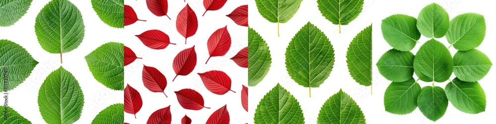 Various green leaves arranged in unique patterns, isolated on a white background. Various green leaves arranged in unique patterns, isolated on a white background.