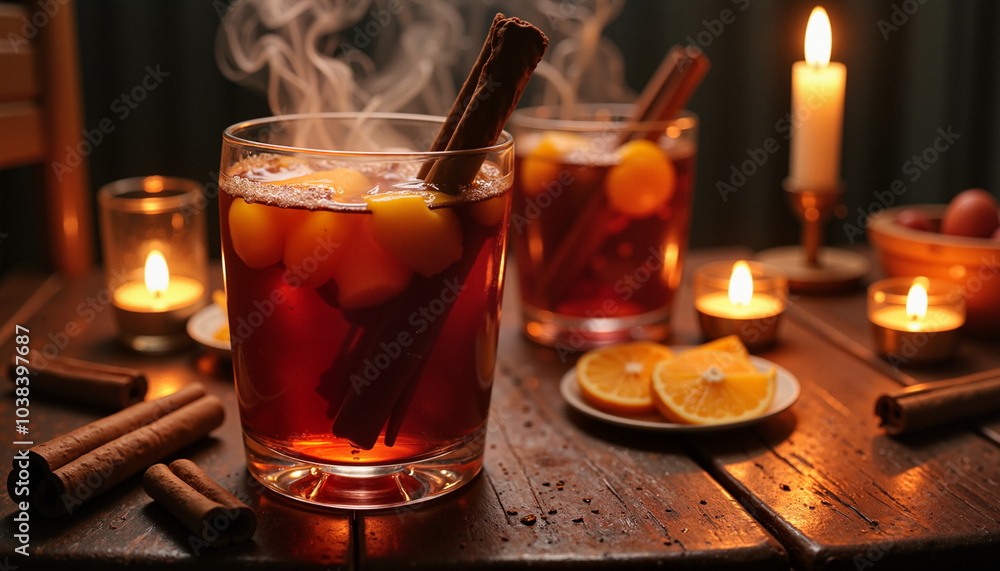 Mulled wine with citrus and cinnamon in candlelit setting Mulled wine with citrus and cinnamon in candlelit setting