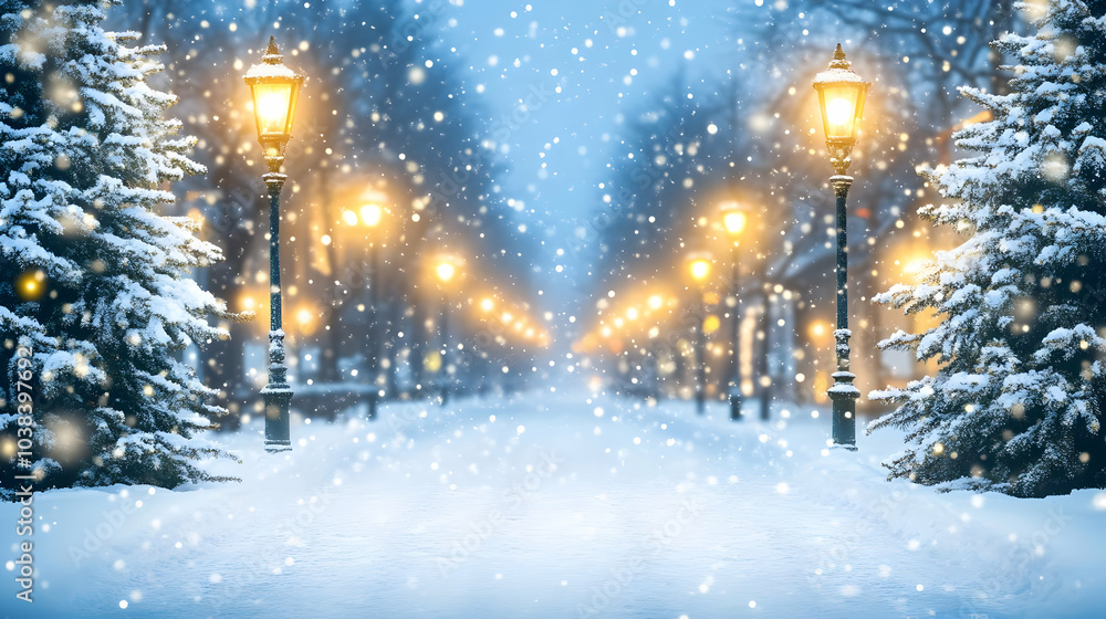 Snowy Street at Night with Streetlights. Snowy Street at Night with Streetlights.