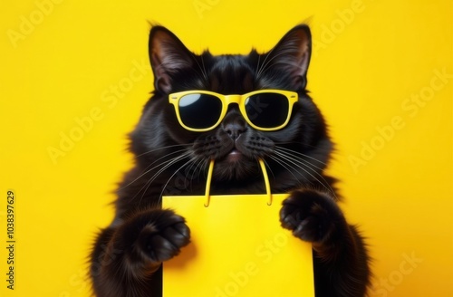 Black cat wearing yellow sunglasses holding yellow shopping bag against bright yellow background. Black Friday shopping and retail concept. Design for banner, poster, header