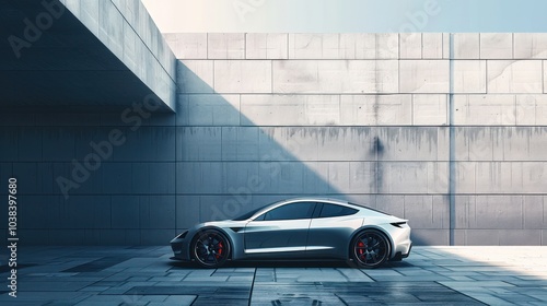 A modern, sleek car in a minimalist setting, emphasizing its design