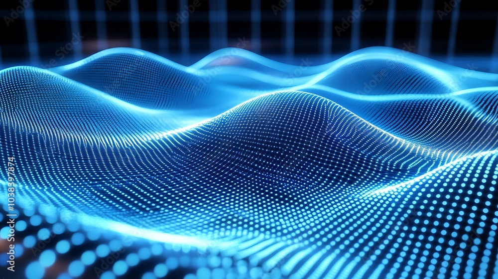 A futuristic 3D grid of glowing blue lines, curving across a wavy digital surface, set against a high-tech abstract background. A futuristic 3D grid of glowing blue lines, curving across a wavy digital surface, set against a high-tech abstract background.
