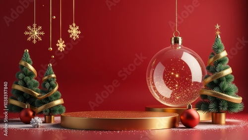 card, Christmas Charm, Platform for Glamour, fir trees, transparent ball, dark red background, banner, copy space