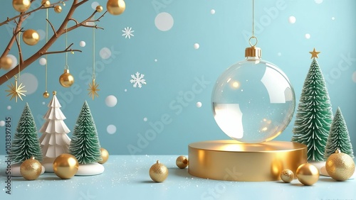 Christmas Platform for Glamour, golden podium, blue background Concept for Christmas sales, product presentation