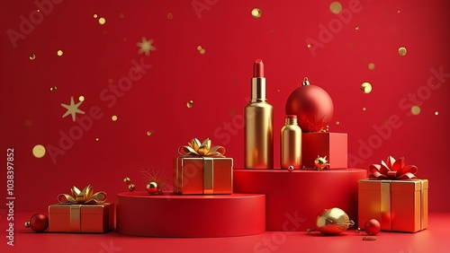 perfect holiday scene featuring osmetics in gold and red, ideal for luxury beauty brands