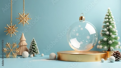 Christmas card, fir trees, transparent ball on pastel blue background, banner, copy space