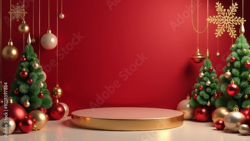 vibrant Christmas setup with golden, red accents, evoking feelings of joy and celebration. Great for holiday retail campaigns