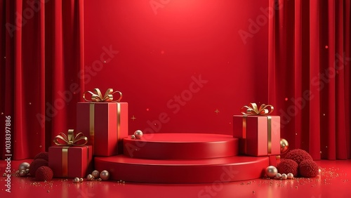 Beautifully wrapped gifts and ornaments creating magical holiday atmosphere. Suitable for Christmas campaigns