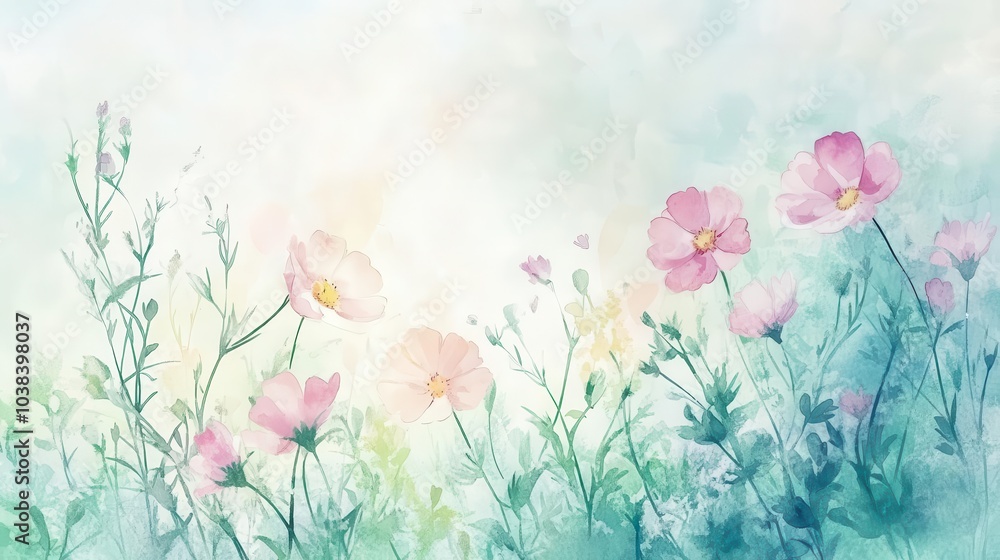 Fototapeta premium beautiful watercolor illustration of delicate flowers in soft pastels, blending harmoniously to create an enchanting garden scene, evoking tranquility and beauty