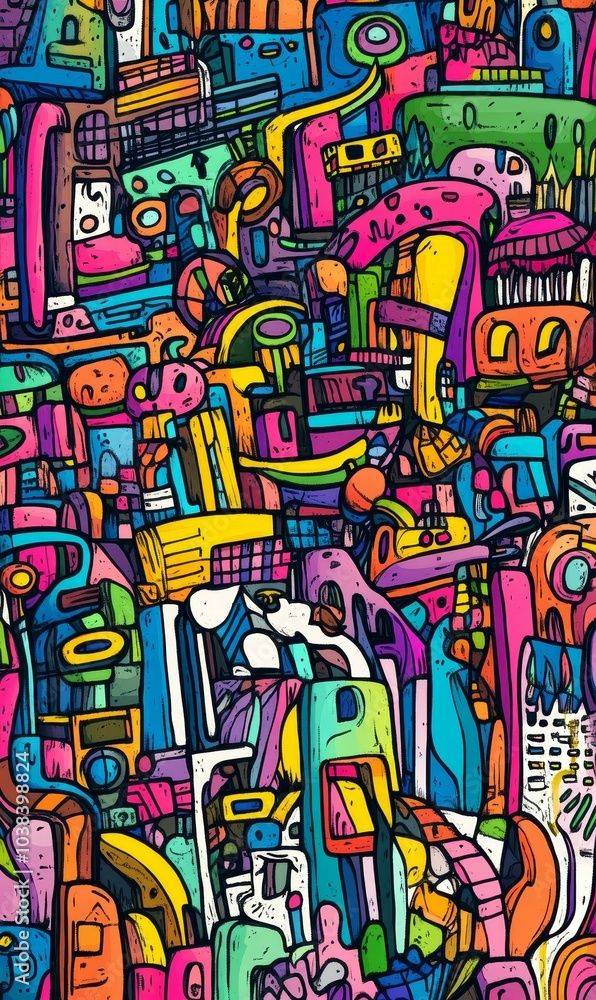 Colorful abstract doodle art with geometric shapes. Colorful abstract doodle art with geometric shapes.