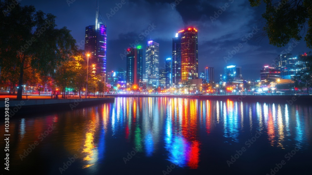Fototapeta premium Illuminated Night Cityscape with Skyscrapers and Reflection
