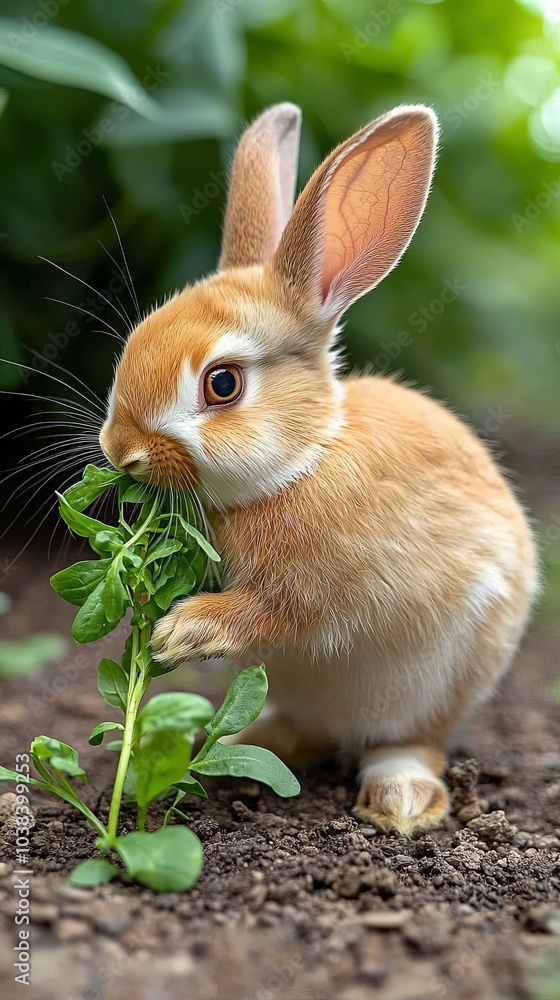 Fototapeta premium Cute Rabbit Enjoying Fresh Greens in Backyard Setting