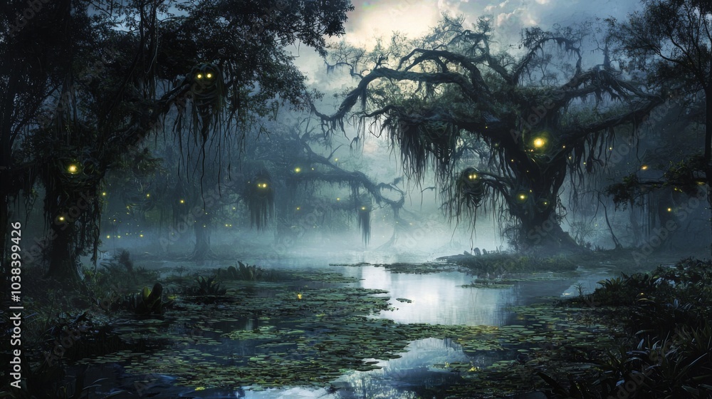 A swampy planet filled with murky waters, thick fog, and towering, twisted trees with hanging vines A swampy planet filled with murky waters, thick fog, and towering, twisted trees with hanging vines