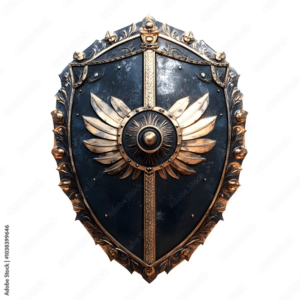 Naklejka premium Ornate shield with gold and silver details on dark background