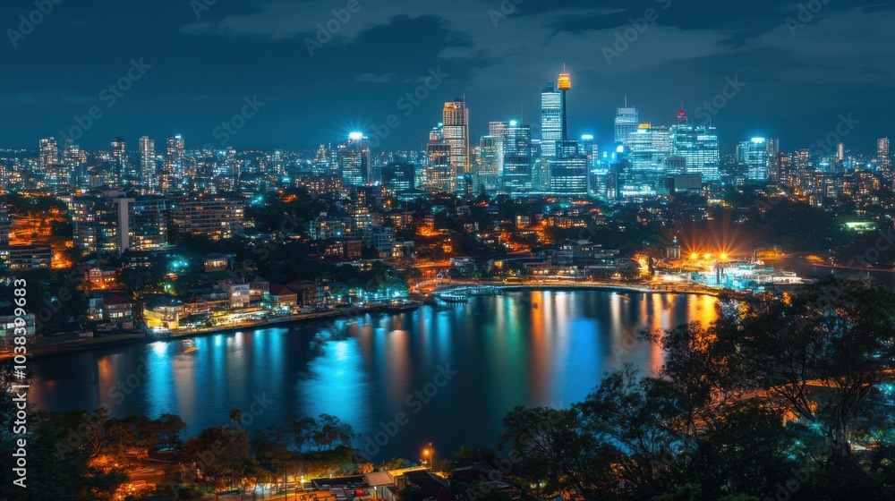Night View of City Skyline with Illuminated Buildings Night View of City Skyline with Illuminated Buildings