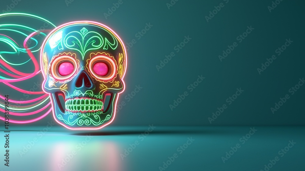 Neon Sugar Skull Adorned with Glowing Red Roses and Intricate Accents Neon Sugar Skull Adorned with Glowing Red Roses and Intricate Accents