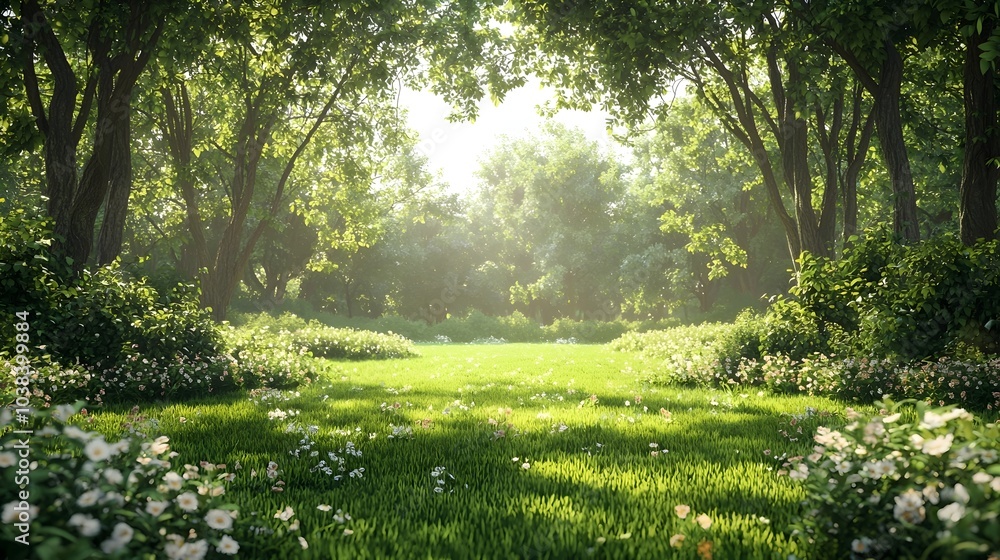 A serene lush green meadow surrounded by trees, bathed in soft sunlight, creating a tranquil and peaceful atmosphere. A serene lush green meadow surrounded by trees, bathed in soft sunlight, creating a tranquil and peaceful atmosphere.