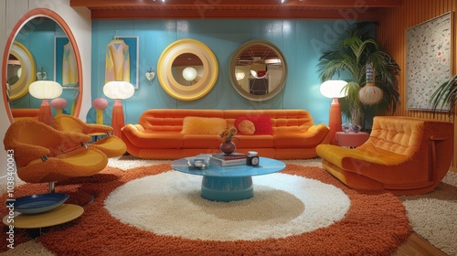 A 1970s-style living room with shag carpet and retro furniture