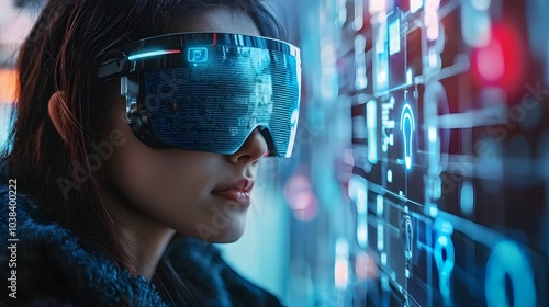 Futuristic person wearing glasses with digital encryption shields