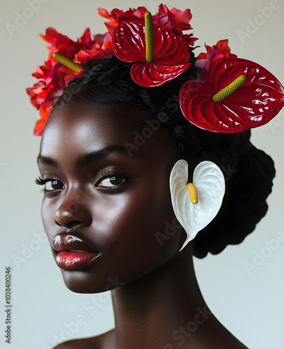 black american model with braided hair, one white anthurium flower in her ear and another red orchid on her head, against a white background