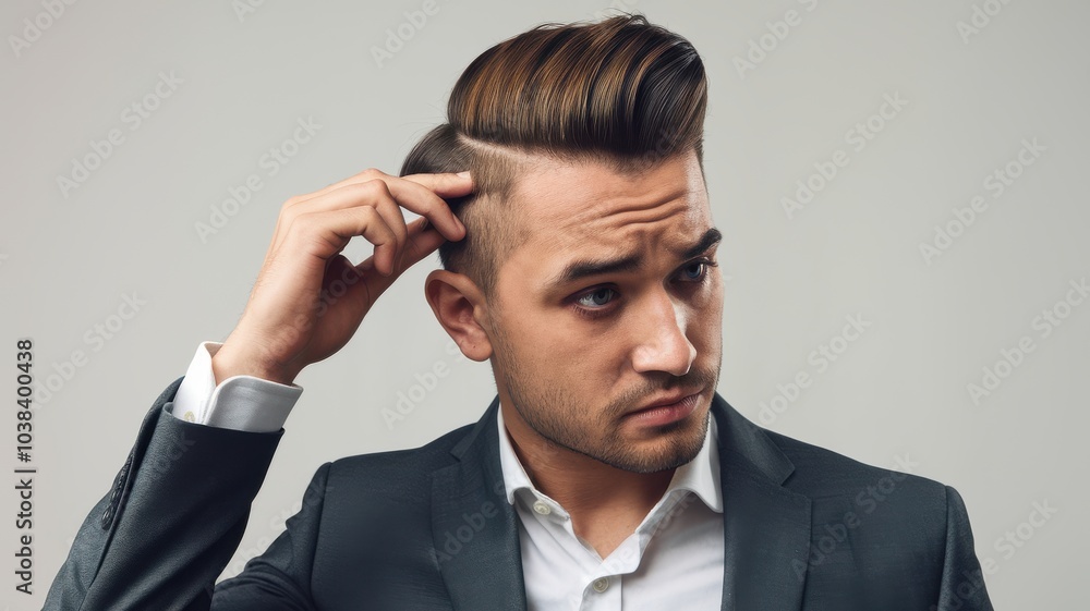 A confident man in a suit, thoughtfully adjusting his stylish haircut against a neutral background. A confident man in a suit, thoughtfully adjusting his stylish haircut against a neutral background.