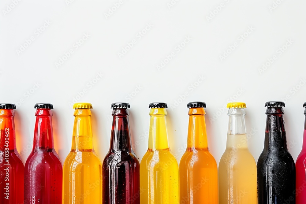 A collection of colorful kombucha bottles with different flavors arranged on a white background.Copy space on top.Kombucha.Fermented kombucha tea.Kombucha mushroom. A collection of colorful kombucha bottles with different flavors arranged on a white background.Copy space on top.Kombucha.Fermented kombucha tea.Kombucha mushroom.