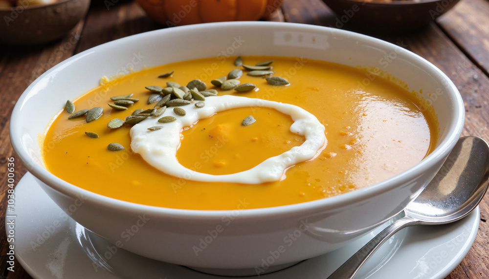 Pumpkin soup with cream and pumpkin seeds in a rustic bowl Pumpkin soup with cream and pumpkin seeds in a rustic bowl